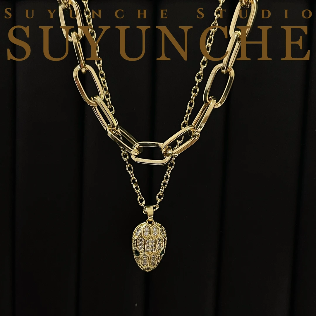 钛钢项链 Suyunche2265轻奢双层叠加项链蛇头吊坠欧美项链