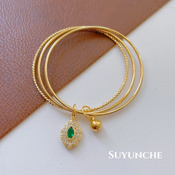 钛钢手镯 Suyunche479时尚多层叠加复古绿色吊坠手镯