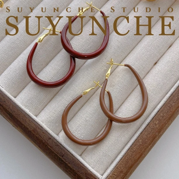 铜合金耳饰 Suyunche2088椭圆形耳圈时尚两色可选气质简约耳环