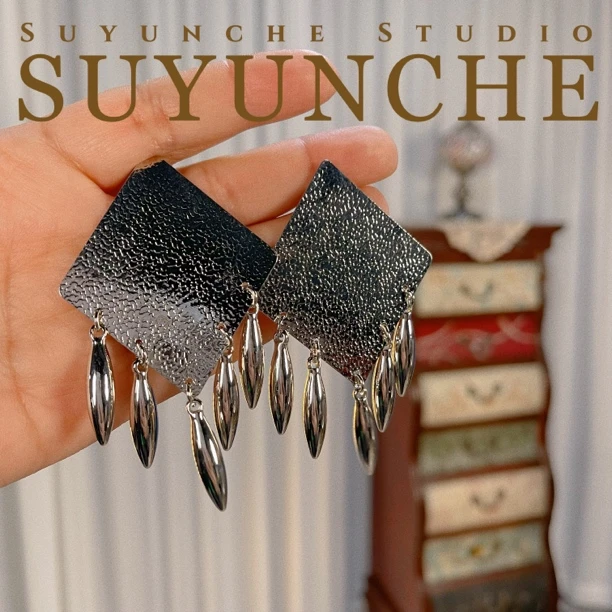 铜合金耳饰 Suyunche2098棱形流苏气质别致时尚银色耳环