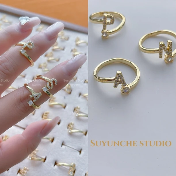 铜合金合成锆石戒指 SuyuncheZ110时尚精致活口字母戒指小众戒指