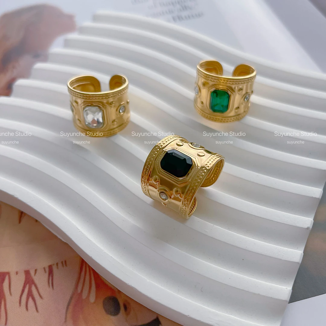 钛钢合成锆石戒指 Suyunche时尚开口精致戒指时尚百搭新款戒指