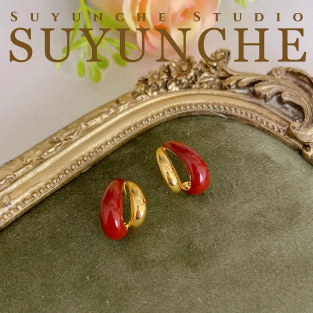 铜合金耳饰 Suyunche2229复古红色耳钉法式小众设计简约轻奢耳环