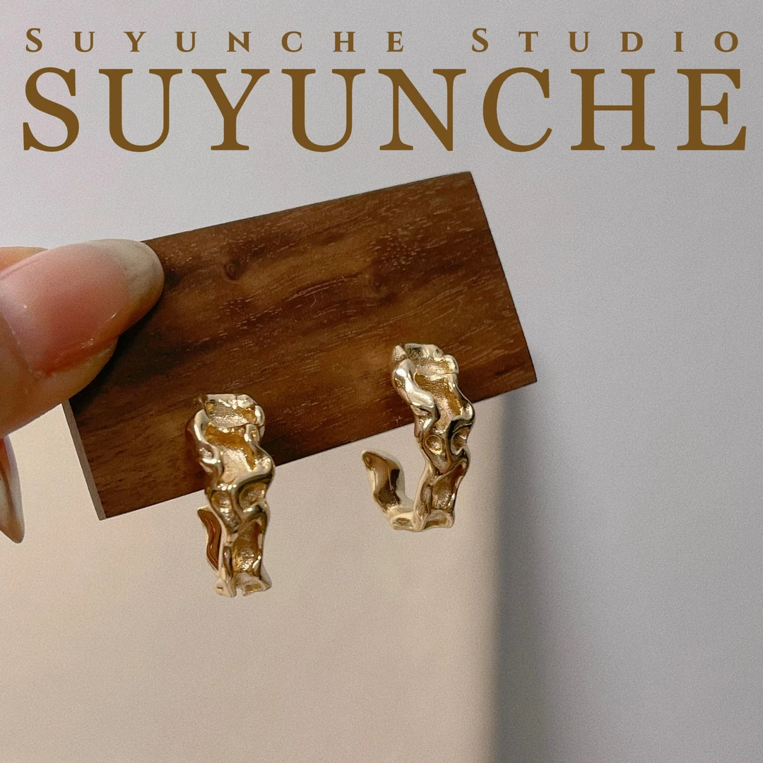 铜合金耳饰 Suyunche2062时尚精致压纹百搭浅金色耳环