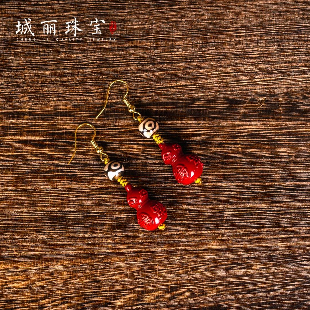 含辰砂工艺品【卓美】红朱砂葫芦耳钩/对FL-1802
