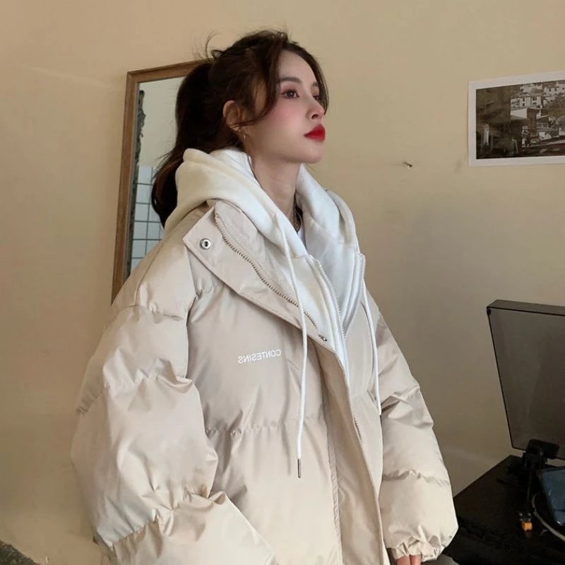 韩版学生新款羽绒服女2023冬季宽松加厚休闲连帽假两件棉衣外套
