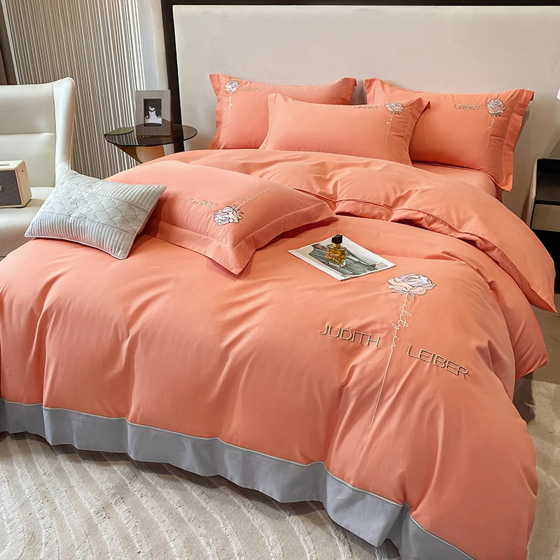 纯棉加厚磨毛四件套全棉纯色刺绣被套床单秋冬保暖轻奢高档绣花款