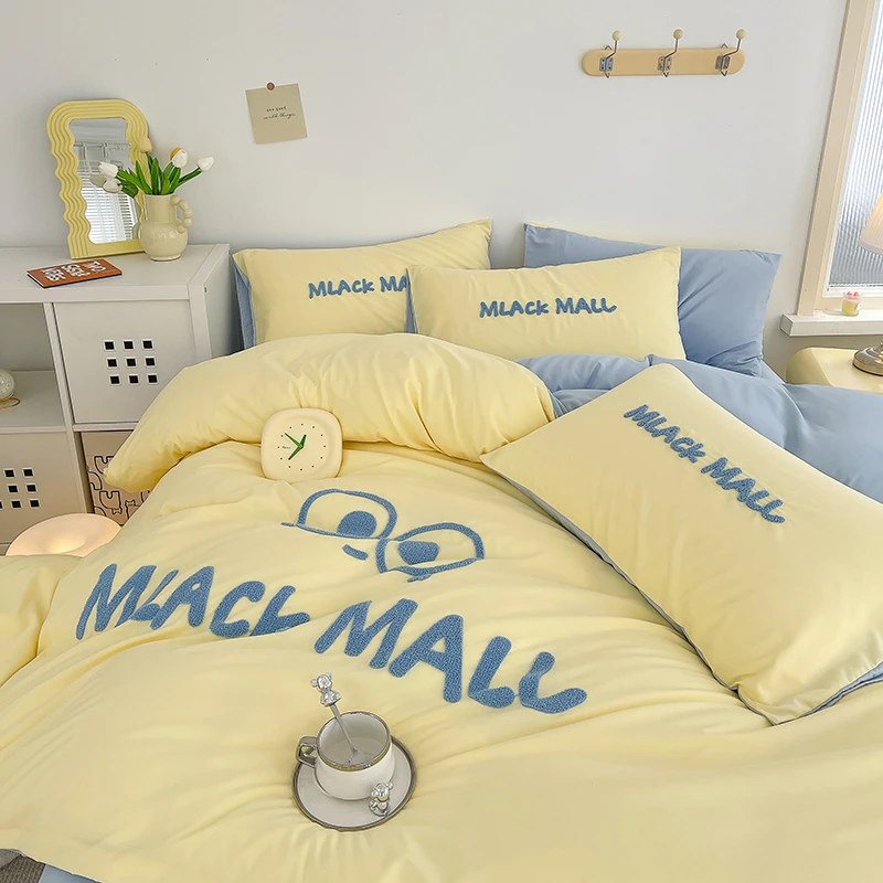 新款芝士毛巾绣床单四件套水洗棉被套床笠单人学生宿舍三件套可爱