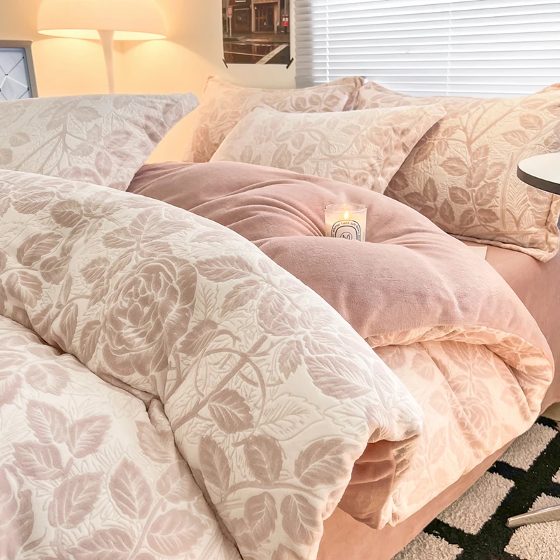 轻奢款雕花牛奶绒床上四件套加厚浮雕绒双面加绒床单冬季被套床品