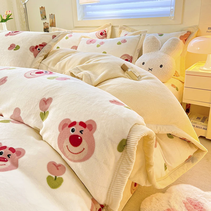 儿童卡通暖羊绒四件套冬季加厚保暖牛奶绒被套双面绒床单床上用品