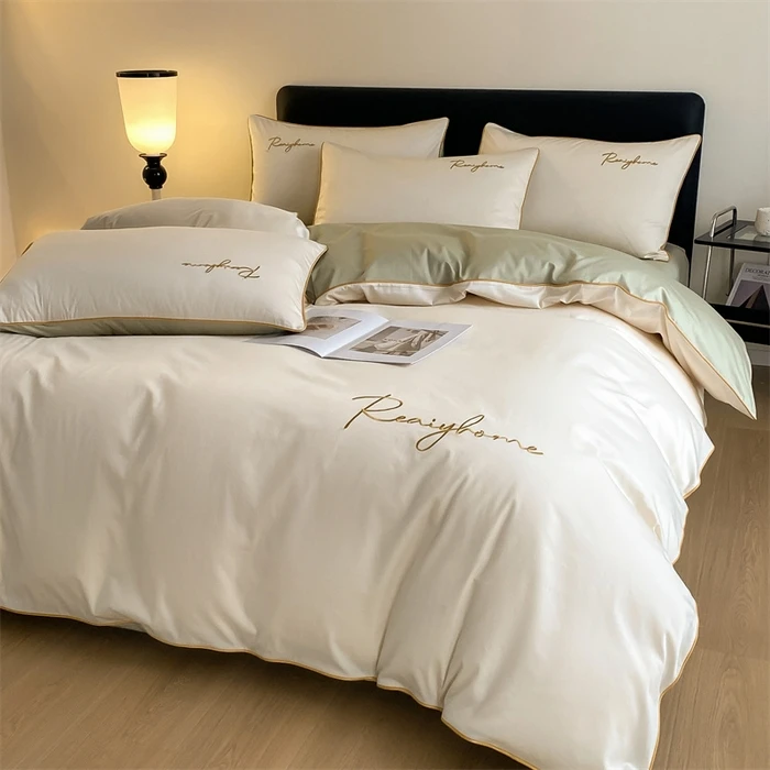 60支轻奢纯棉刺绣四件套100%全棉斜纹高档床单被套学生宿舍三件套