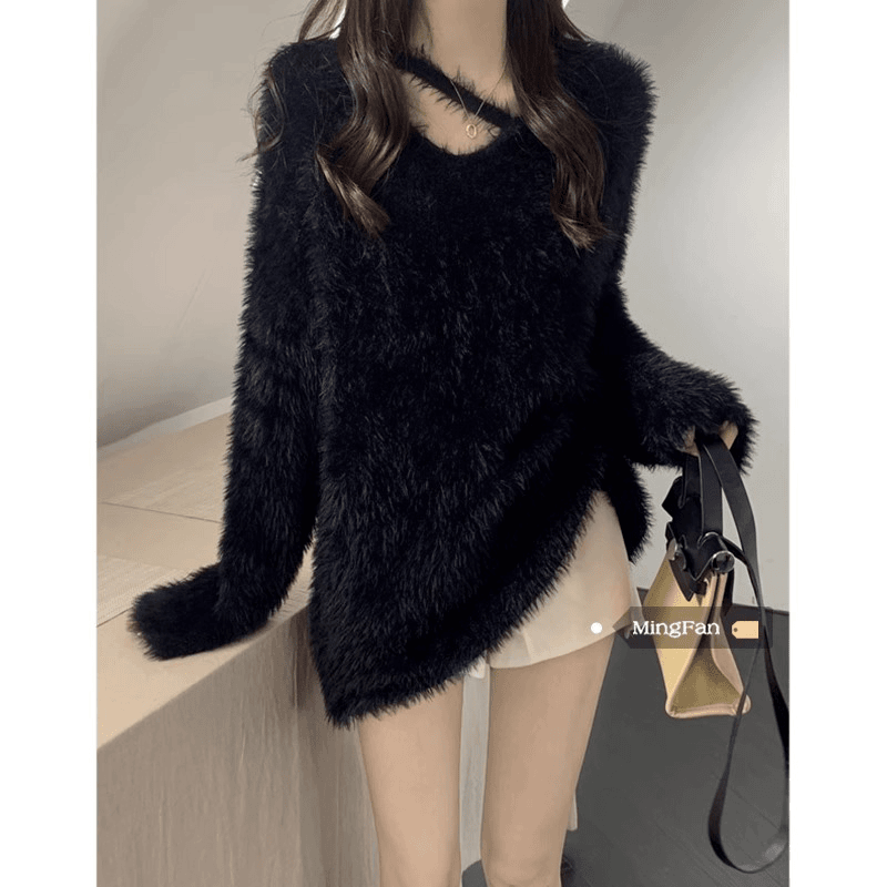 法式软糯水貂毛针织衫毛衣女秋冬季温柔慵懒风V领外穿宽松上衣潮