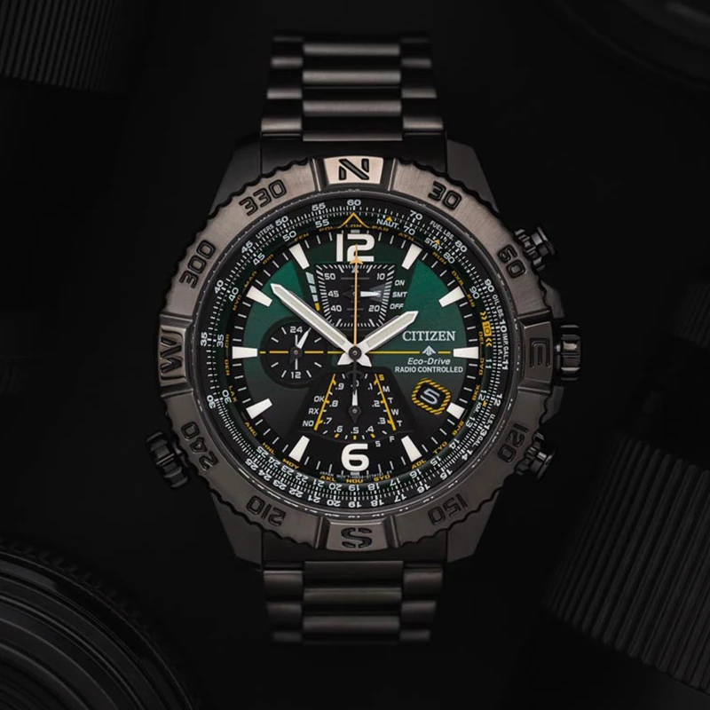 Citizen/西铁城光动能电波多功能黑色钢带商务手表男AT8227-56X