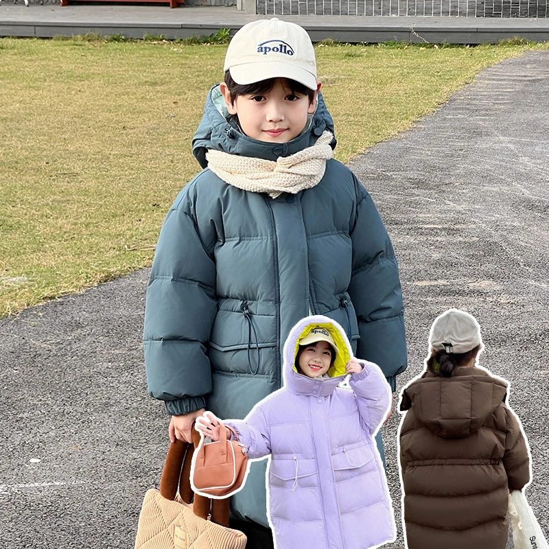 （006）冬新款韩版撞色连帽口袋带束腰加厚长款儿童羽绒服WD1009