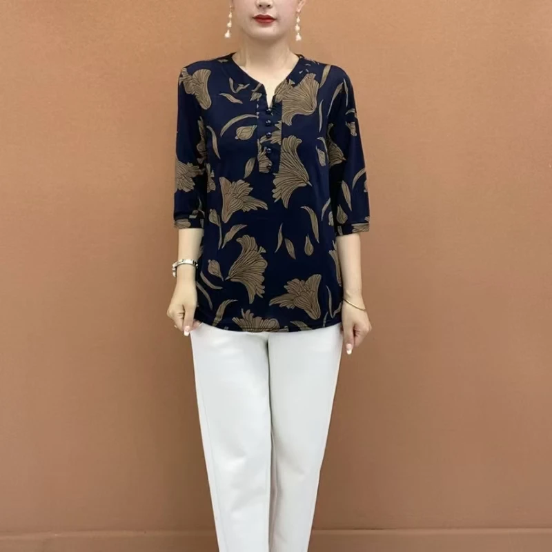 中老年女夏装时尚百搭中袖T恤妈妈装夏季减龄小衫2024新款大码女