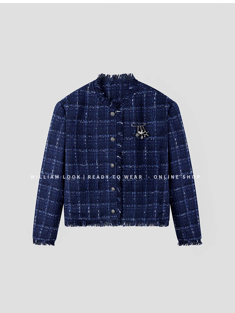 威廉威 男女同款【粗花呢夹克】蓝色格子纹理小香无领毛边外套C690