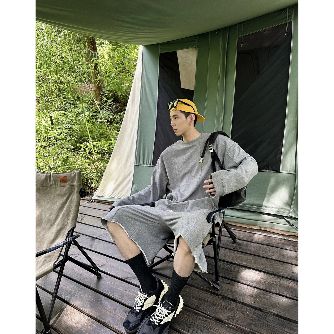 威廉威【city walk】加厚棉感灰色螺纹拼接宽松大廓形卫衣套装E827