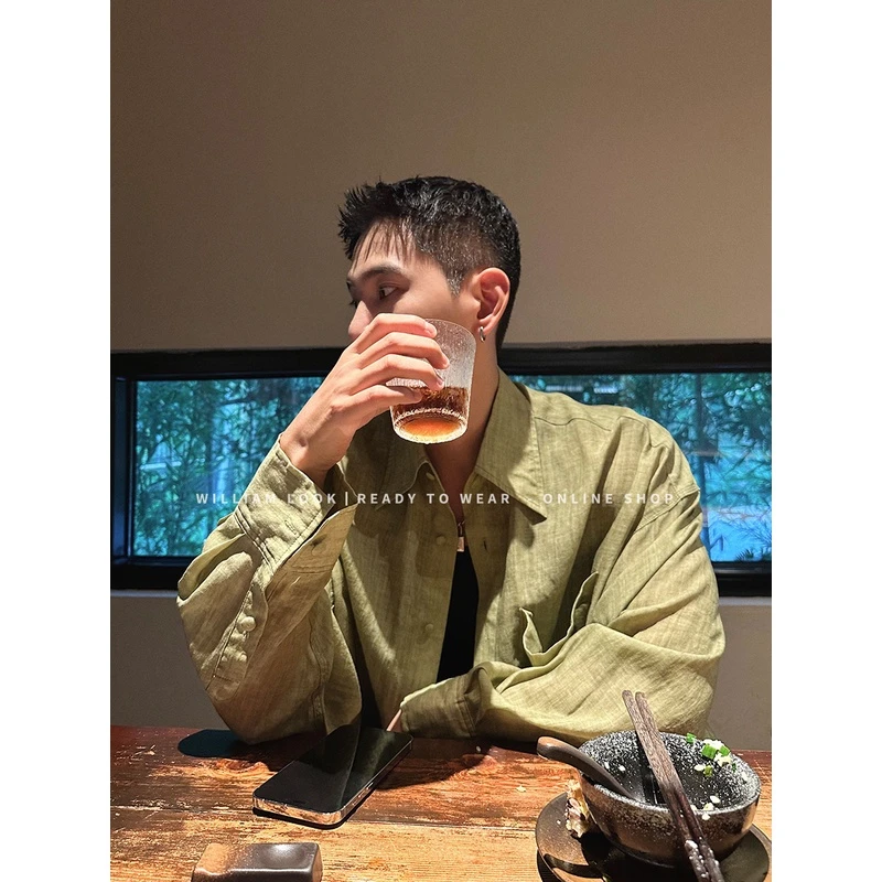 威廉威【饮茶微醺】老钱富贵邹天丝苎麻小包扣氛围感衬衣B468