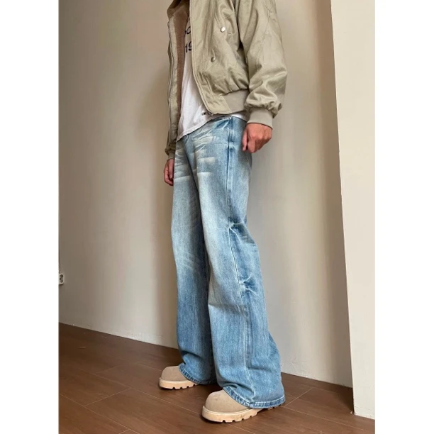 CTdrop美式复古水洗阔腿蓝色牛仔裤男女百搭宽松潮牌直筒休闲裤