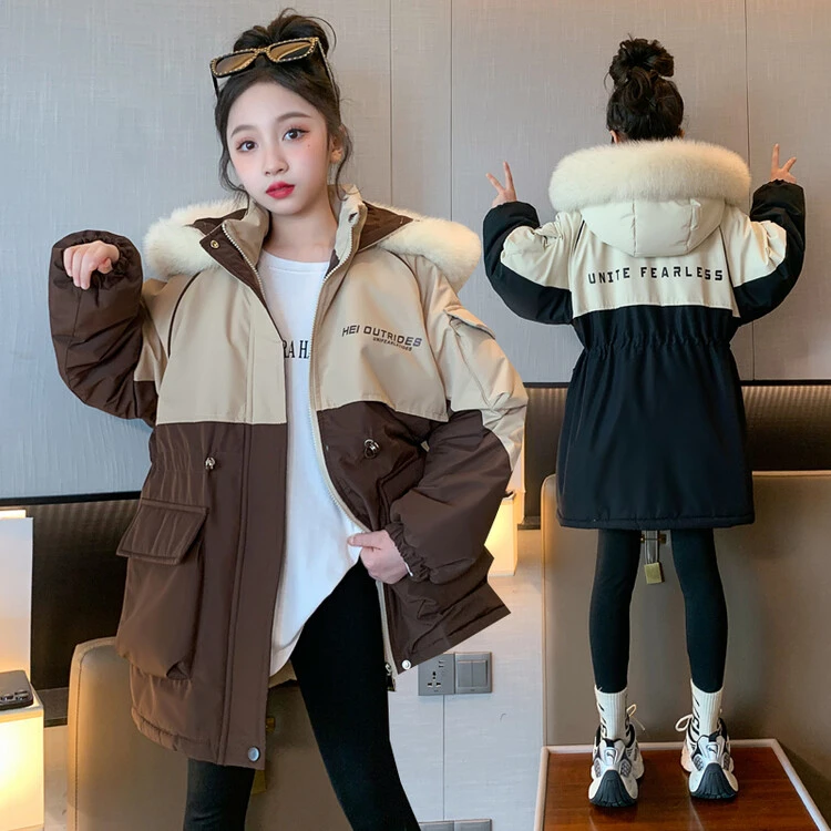 女童冬款派克服2023新款连帽中长款加厚中大童冬季韩版毛领棉服