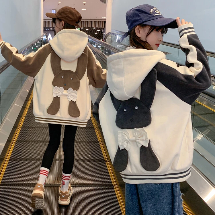 女童秋冬款外套2023新款加厚休闲立体卡通兔冬季加绒连帽卫衣外套