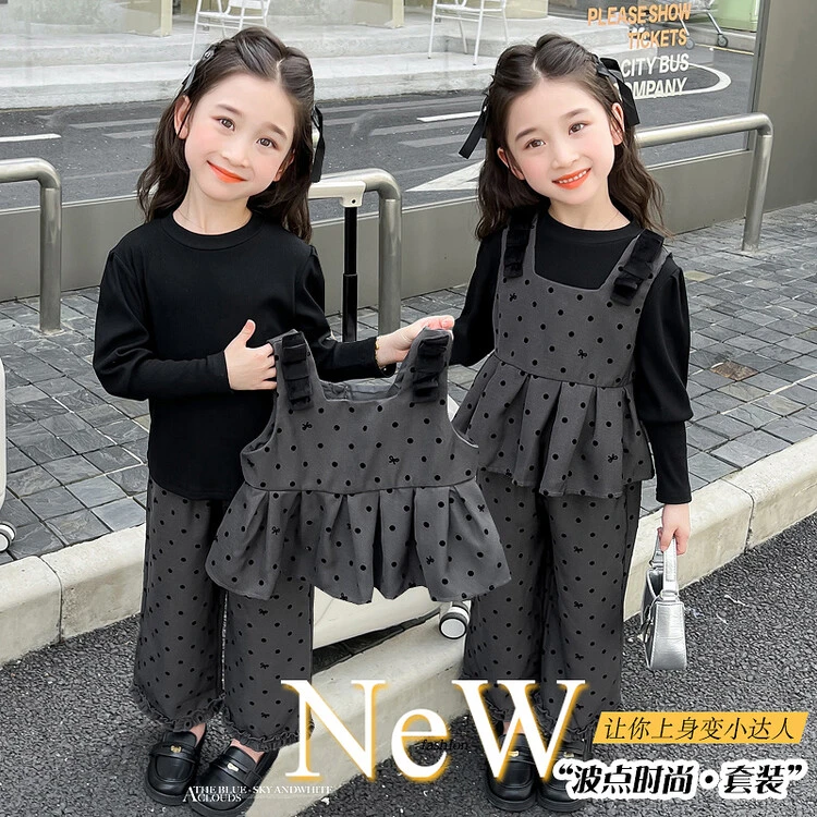 女童秋季套装春秋款女宝网红洋气时髦三件套女孩波点时尚失序混搭