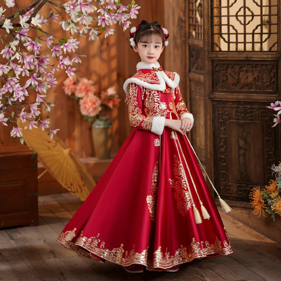 汉服女童冬款中国风古装冬季拜年服唐装2023新款女孩儿童古风裙子