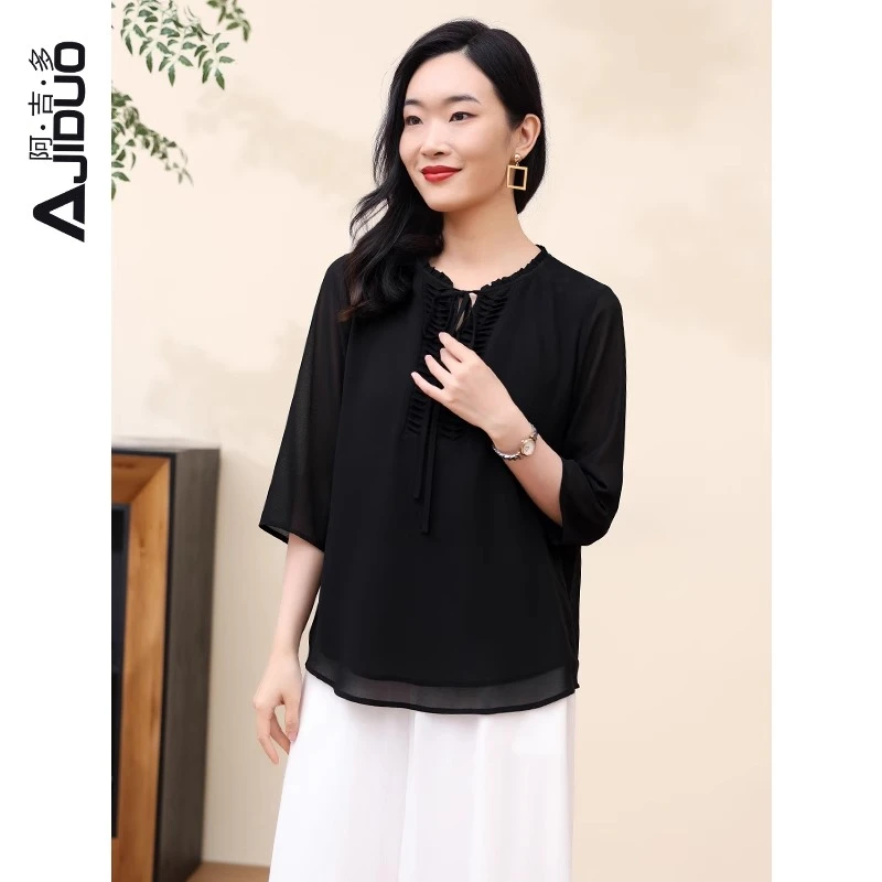 阿吉多纯色2024夏季新款女时尚高端衬衫褶皱系带衣领显瘦宽松上衣