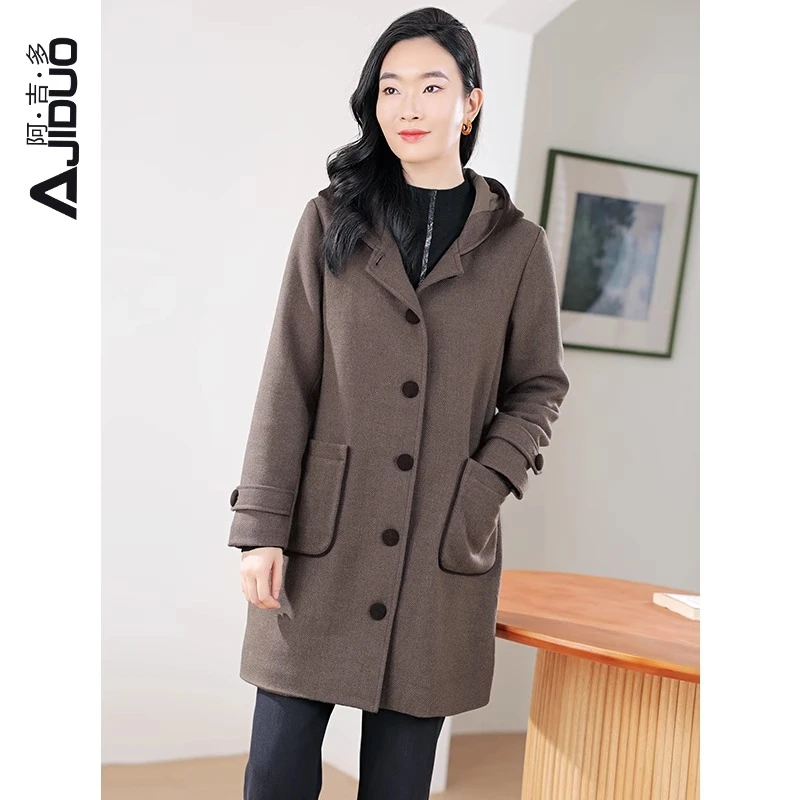 阿吉多A20692高级中长款外套新款爆款秋冬人字纹加厚保暖连帽大衣