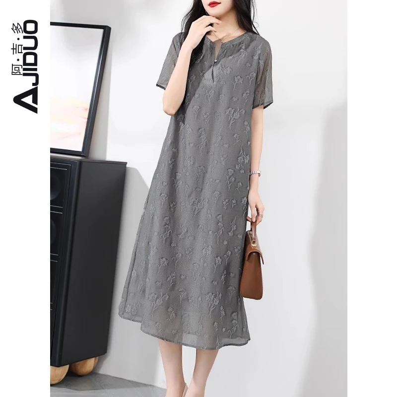 阿吉多A85930气质减龄垂感宽松短袖连衣裙2025新款高端缎面裙子女