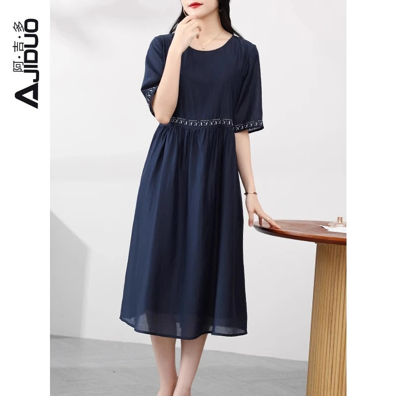 阿吉多A87388藏蓝色宽松连衣裙女2025年夏季新款简约气质短袖裙子