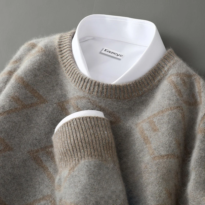 100%纯羊毛衫男士圆领拼色加厚针织套头毛衣宽松长袖商务大码打底