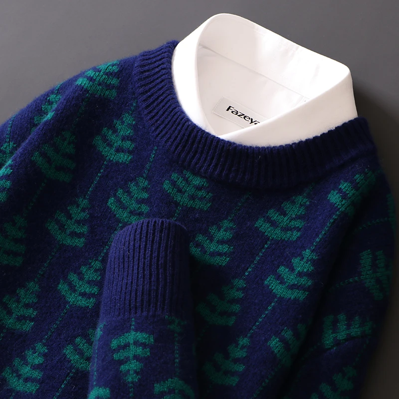 重磅加厚秋冬新款100%纯羊毛衫男士圆领拼色针织毛衣宽松大码打底