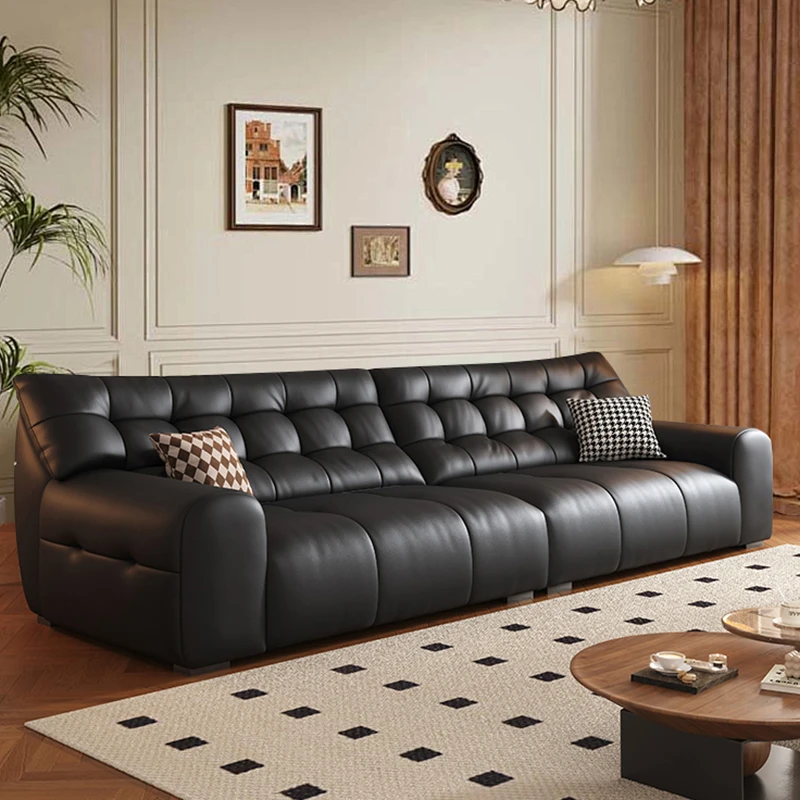 意式极简黑色大黑熊真皮直排沙发客厅复古风大小户型2024年新款