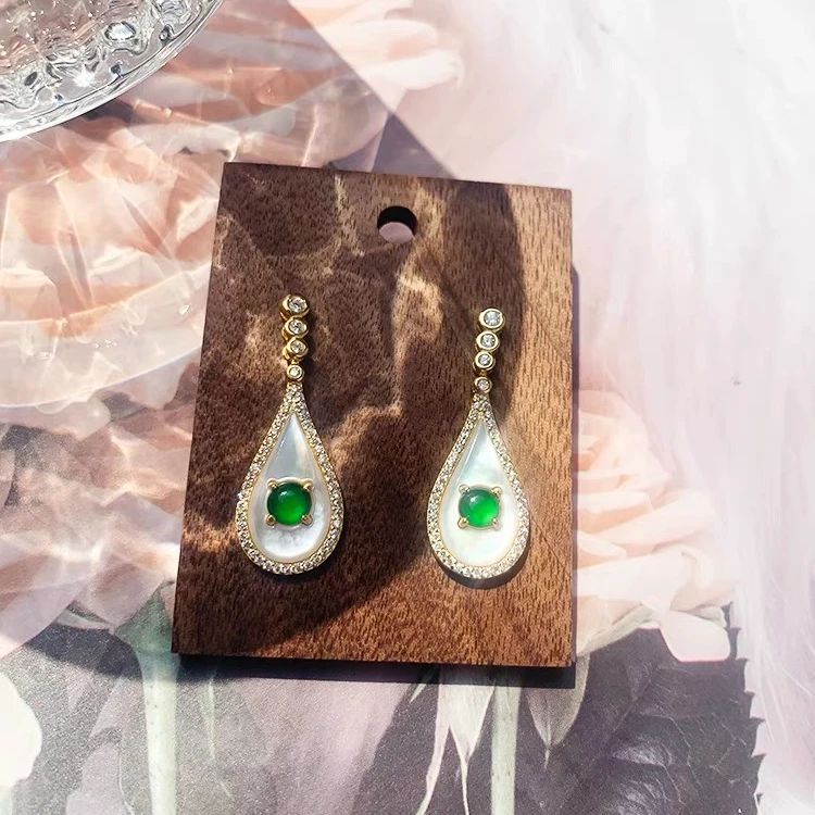 母贝耳坠天然A货翡翠镶嵌925银水滴翡翠保真基地正阳绿翡翠耳环