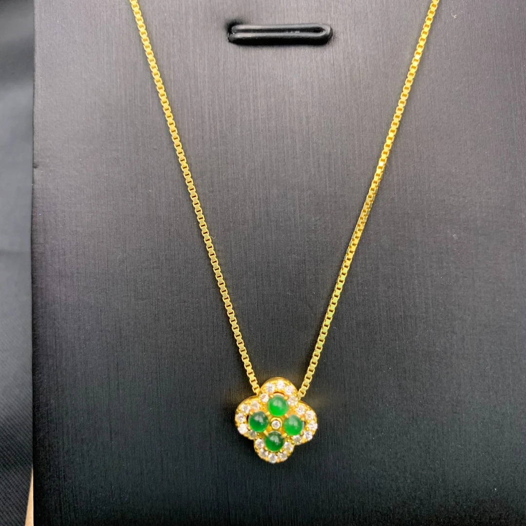 925银天然A货翡翠绿蛋面四叶草吊坠时尚女士百搭阳绿翡翠保真基地