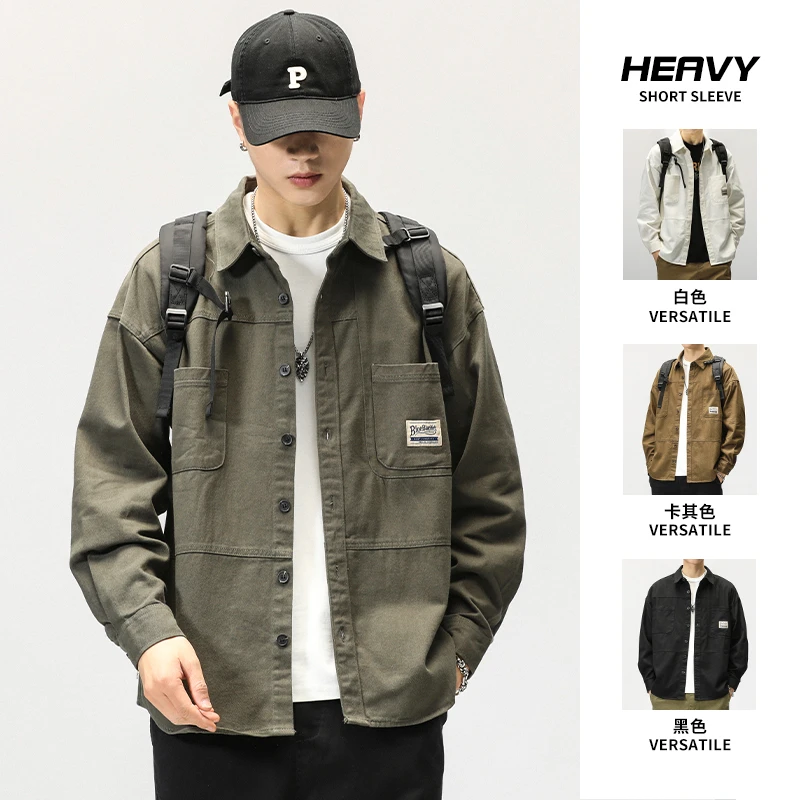 户外工装衬衫男士春秋款日系宽松休闲开衫夹克潮流百搭翻领衬衣男