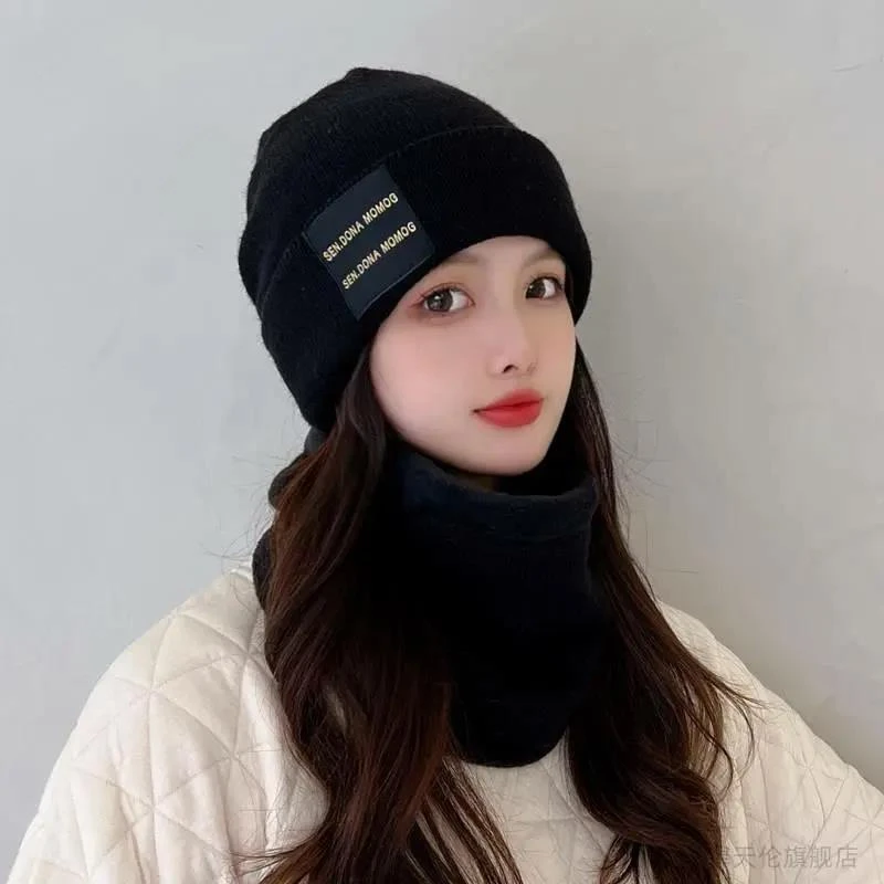 韩版毛线帽子女秋冬季百搭加绒加厚套头护耳骑车保暖针织防风帽子