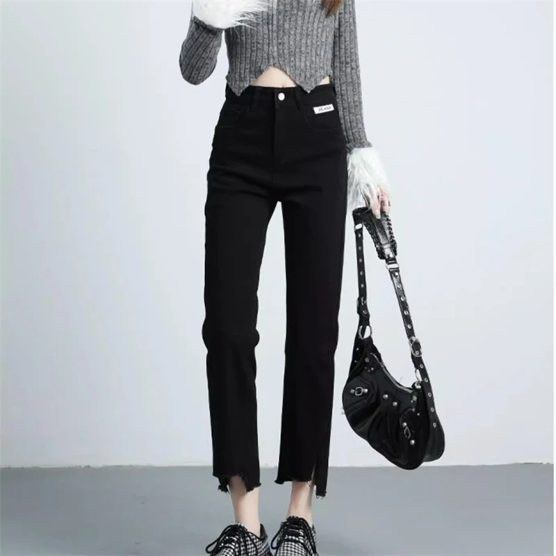 不规则开叉直筒弹力八九分牛仔裤女秋季新款小个子窄版烟管裤春夏