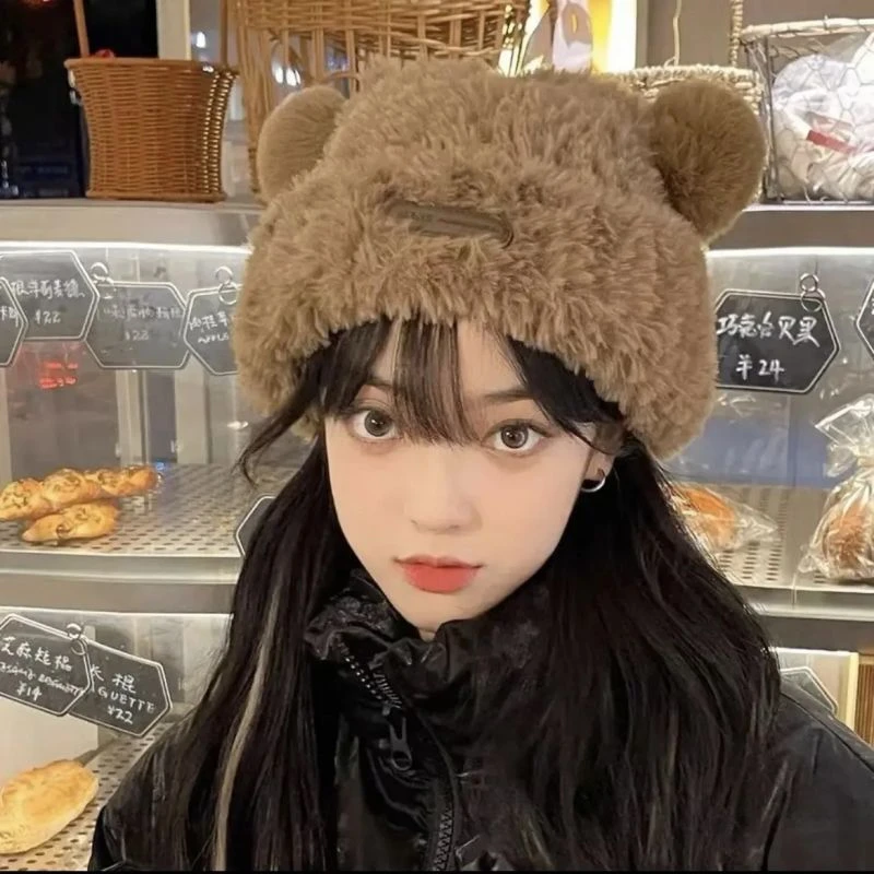 加绒加厚护耳帽冷帽软糯可爱小熊耳朵毛绒帽女秋冬季保暖显脸小