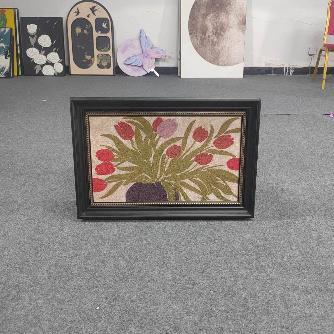 中古风装饰画复古美式小众挂画玄关柜壁画客厅欧框郁金香花瓶460