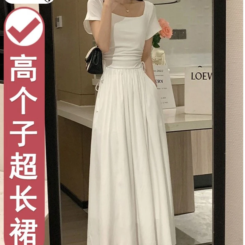 夏季加长版高个子175白色连衣裙及踝长裙180超长裙到脚踝显瘦小众