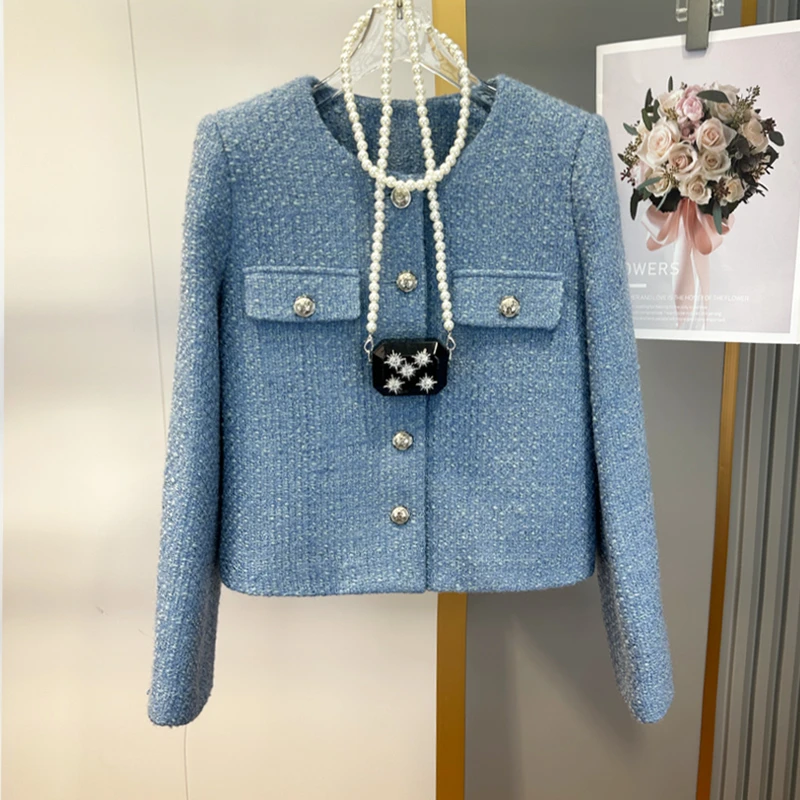 蓝色小外套女上衣秋季复古气质百搭轻奢高级感粗花呢小香风短外套