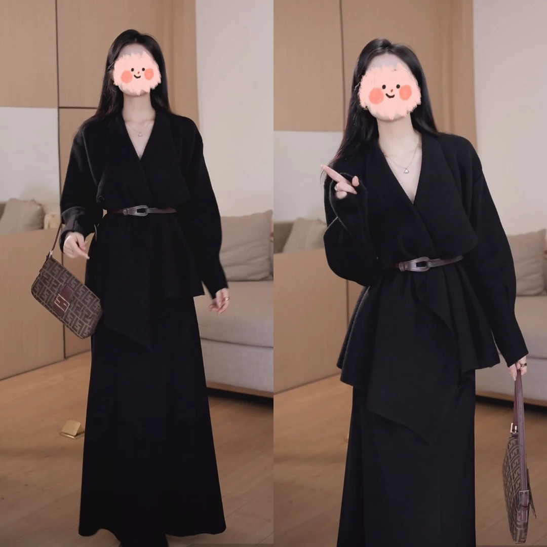 秋冬爆款赫本风法式气质翻领绝美收腰外套女高腰显瘦半身裙套装