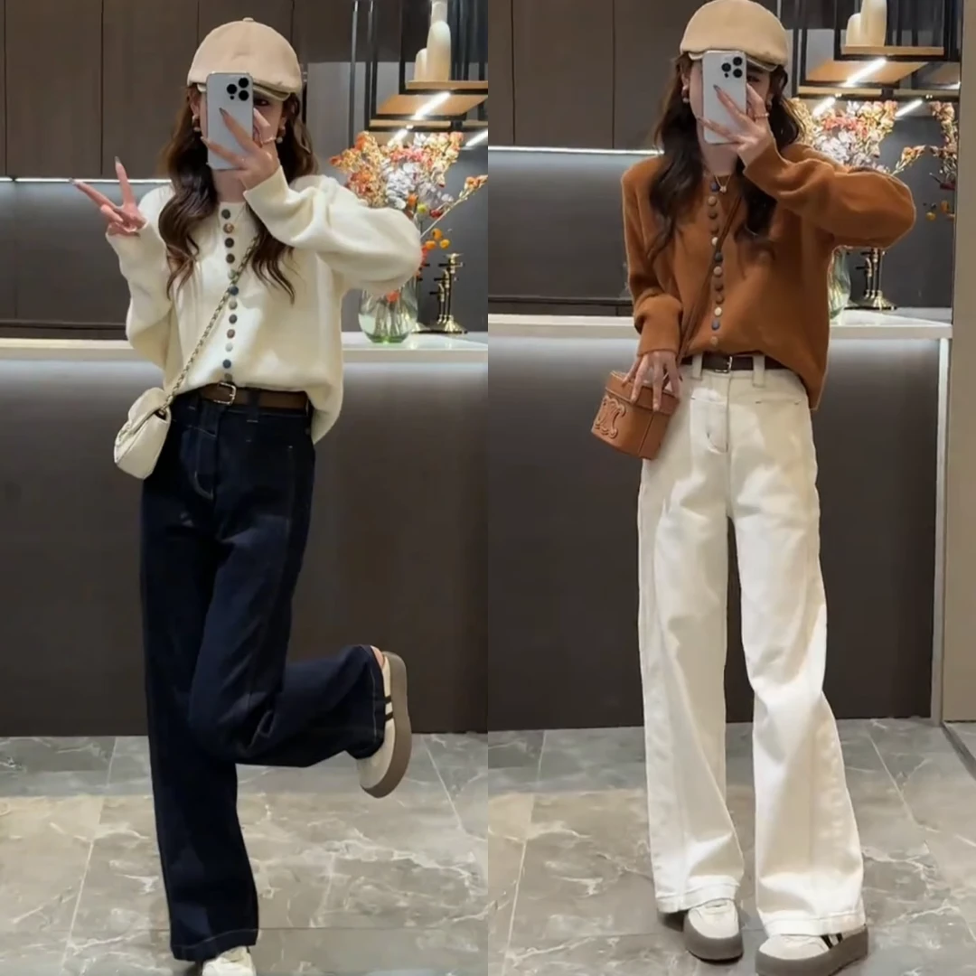 秋装搭配一整套韩版软糯时尚减龄针织毛衣休闲百搭阔腿牛仔裤套装