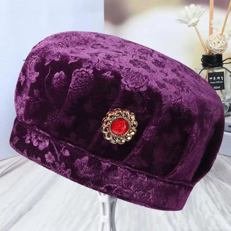 老人红花丝绒打褶帽寿帽帽加绒保暖奶奶婆婆老太太女士帽子冬季