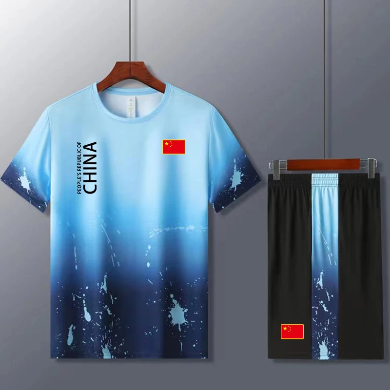 夏季中国队运动套装 冰丝速干休闲男女跑步羽毛球五环T恤短裤穿搭