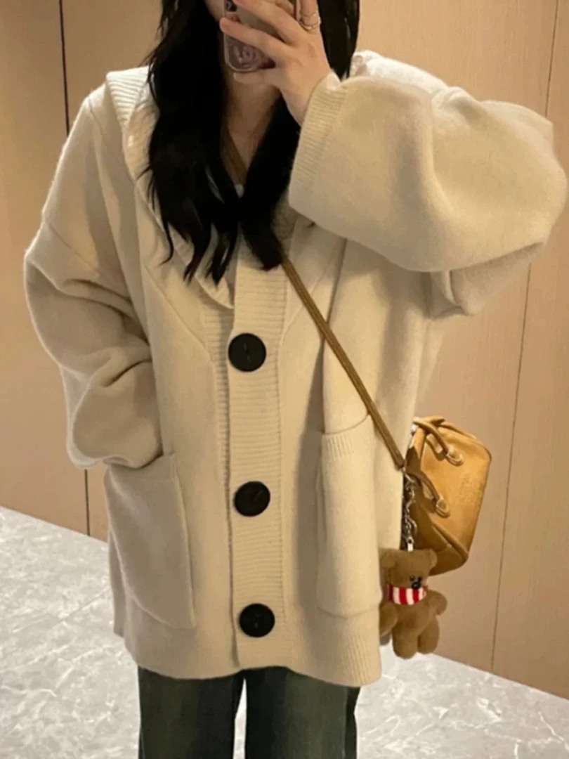 秋冬季慵懒风加厚连帽针织开衫女新款韩系宽松气质高级感毛衣外套