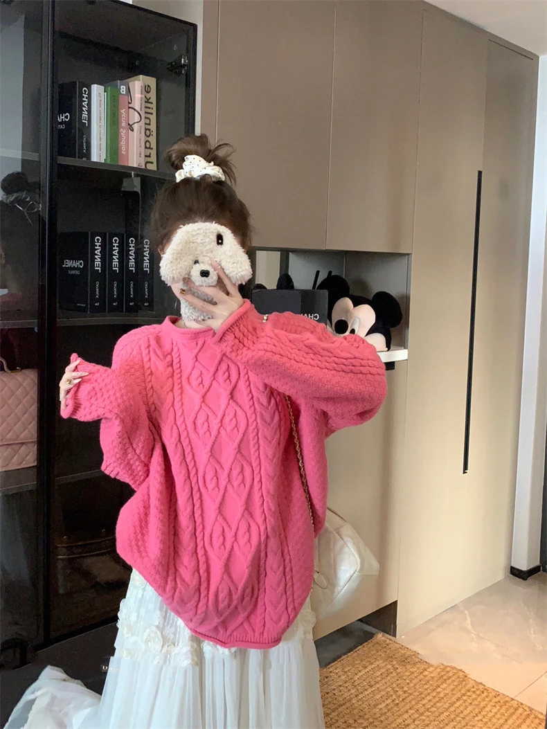 落日橘慵懒风麻花毛衣2024冬季新款宽松卷边甜美软糯针织衫上衣女