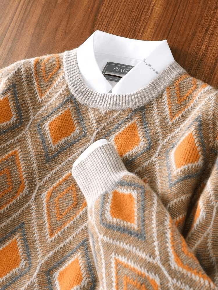 重工工艺！七针加厚圆领羊毛衫男士撞色套头毛衣宽松休闲针织打底